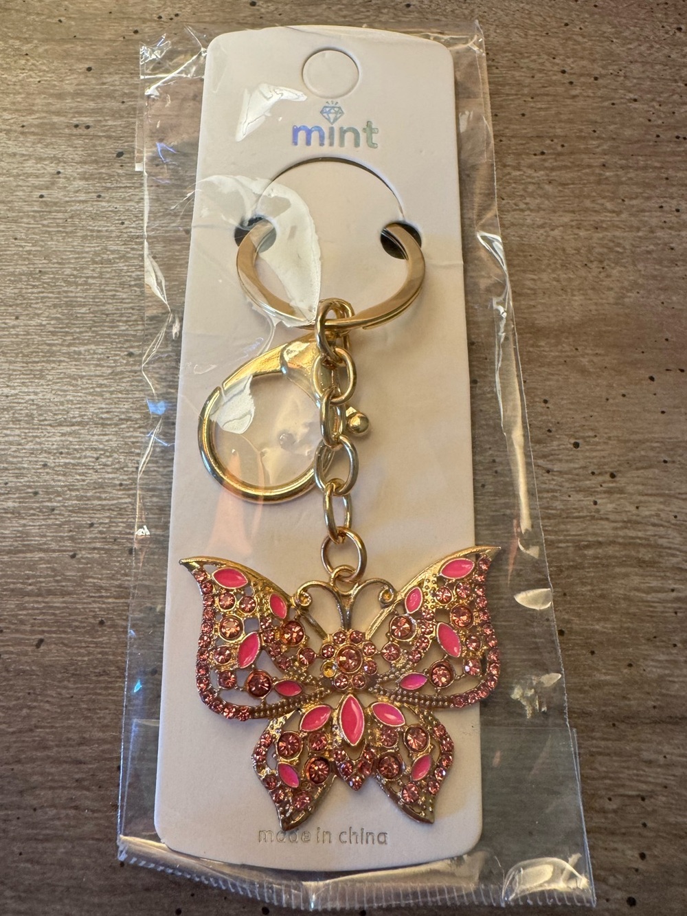 Pink Butterfly Gold-Tone Keychain/Bag Charm